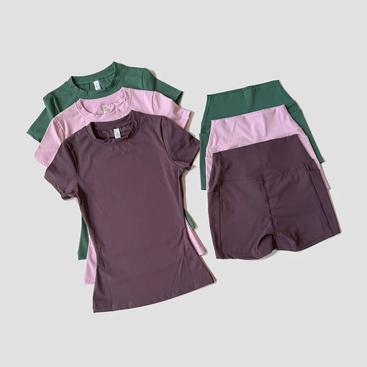 Conjunto Deportivo Yoga Mujer - Set 2 Piezas Crop Top Manga Corta y Shorts Sin Costuras
