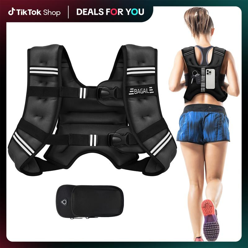 【Holiday Haul】Bagail Weighted Vest, 5Lbs/8Lbs/10Lbs/12Lbs/15Lbs/20Lbs/25Lbs/30Lbs Weight Vest with Detachable Phone Pouch, Rucking Vest for Women, Men, Walking, Training, Running Glute Workout Equipment Sweat Fitness Belt